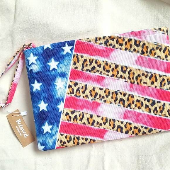 Canvas American Flag Leopard Cosmetic Bag - Picture 2 of 8